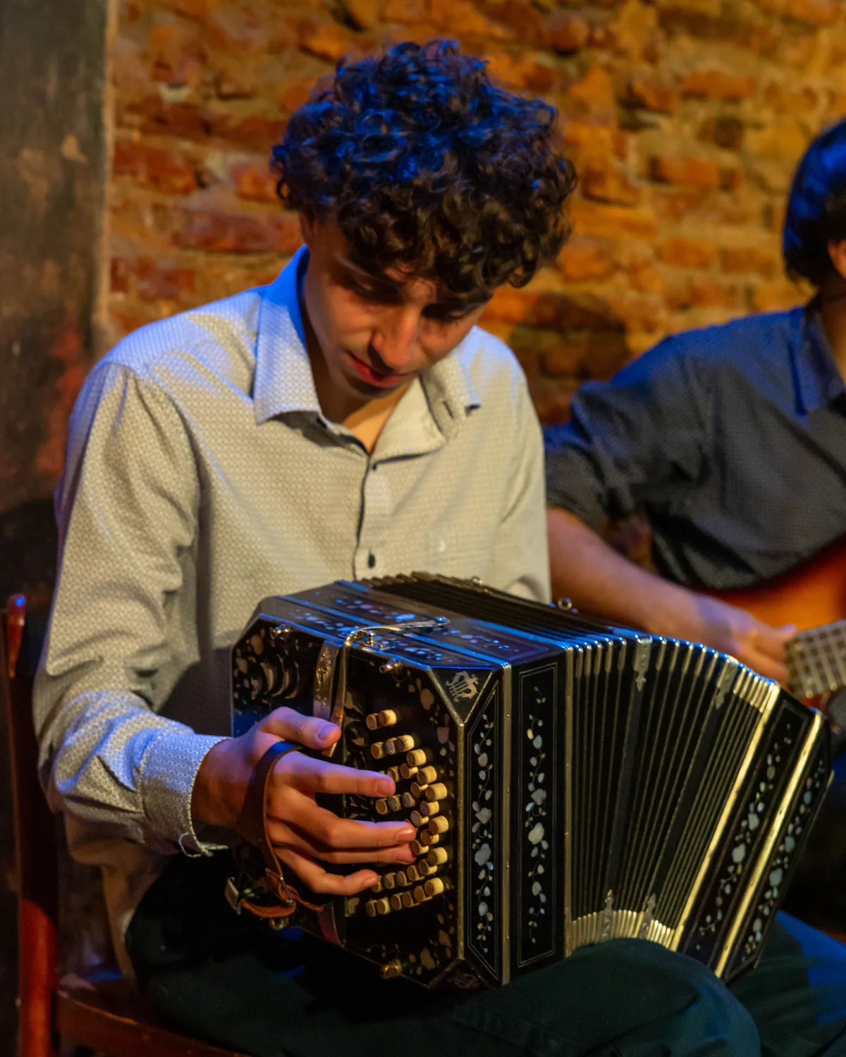 Een bandoneónspeler in een intieme ruimte, representatief voor het live kwartet van de show